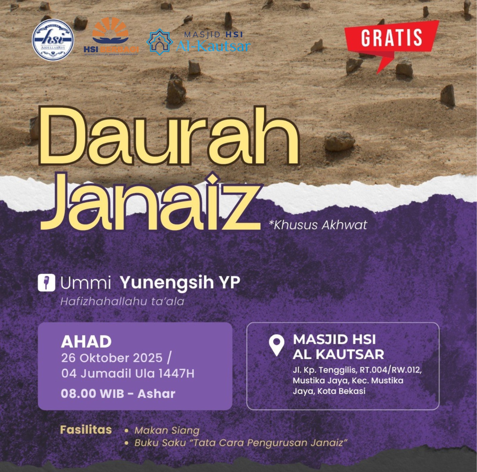 Bentuk Tim Akhawat, HSI BERBAGI Dukung Daurah Janaiz di Masjid HSI Al-Kautsar